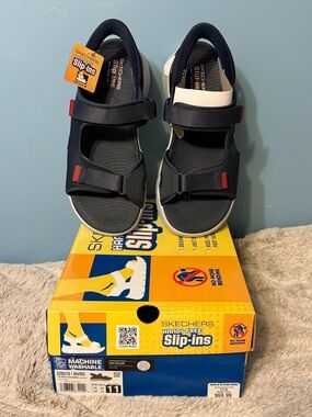 Skechers Kids Black & White Adjustable Slip-On Sandals with Red Accents